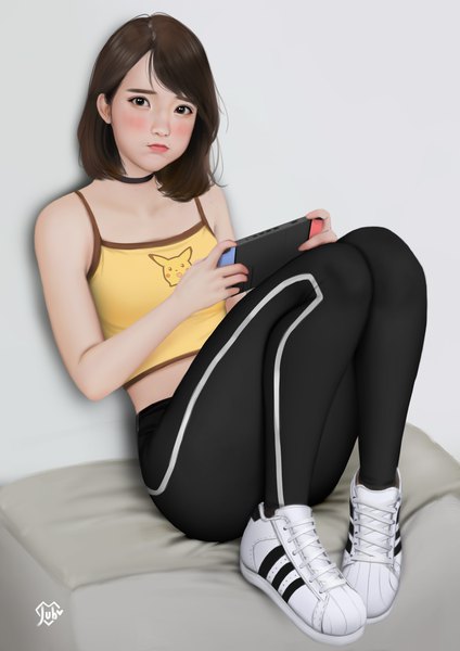 Anime picture 1920x2716 with nintendo real life ditta amelia saraswati jubi (regiana) single tall image looking at viewer blush highres short hair simple background brown hair sitting bare shoulders brown eyes bent knee (knees) realistic grey background mole lipstick