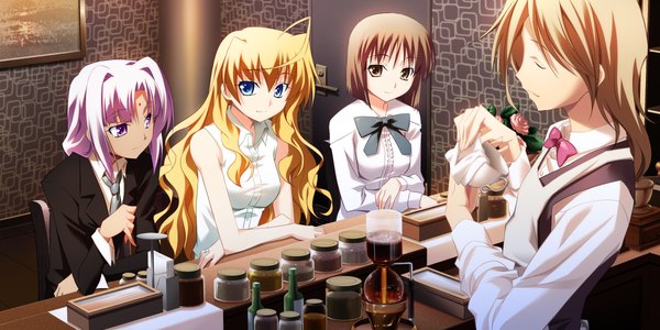 Anime picture 1200x600 with soranica ele (game) ophelia uriela diefenbaker akuseruroddo zenobia izumi mahiru blue eyes blonde hair brown hair wide image purple eyes multiple girls brown eyes game cg purple hair girl 4 girls