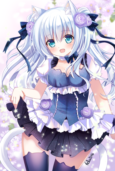 Anime picture 608x900 with original felicia-val single long hair tall image looking at viewer blush fringe breasts open mouth blue eyes hair between eyes large breasts standing holding signed animal ears payot cleavage white hair