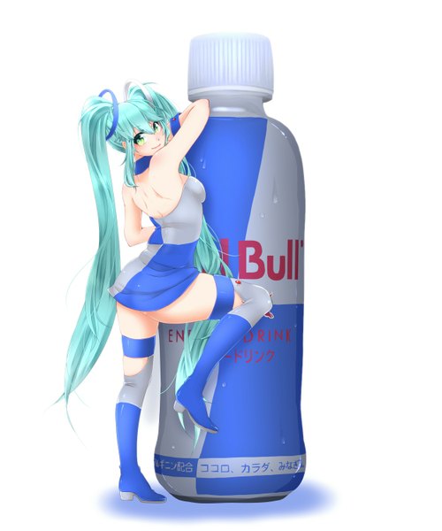 Anime picture 1250x1500 with vocaloid red bull hatsune miku nokko single tall image simple background white background twintails very long hair aqua eyes aqua hair girl dress boots
