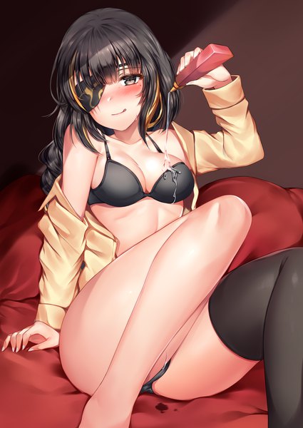 Anime picture 1700x2400 with girls frontline m16a1 (girls frontline) zerocat single long hair tall image looking at viewer blush fringe light erotic black hair sitting holding cleavage nail polish multicolored hair fingernails black eyes off shoulder mole