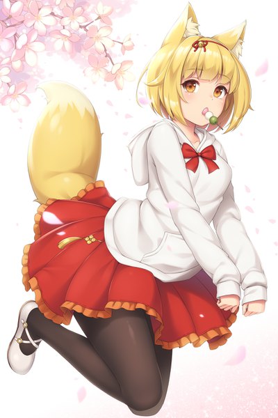 Anime picture 860x1290 with original sasaame single long hair tall image looking at viewer blush fringe short hair blonde hair simple background white background holding animal ears full body bent knee (knees) tail blunt bangs long sleeves animal tail