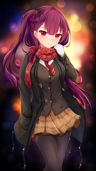 Anime picture 1440x2560 with girls frontline wa2000 (girls frontline) trimbil single long hair tall image looking at viewer blush fringe smile hair between eyes red eyes standing payot purple hair blunt bangs braid (braids) pleated skirt one side up lens flare
