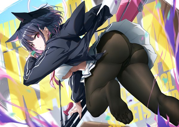 Anime picture 2000x1414 with blue archive kazusa (blue archive) xfate single fringe highres short hair breasts light erotic black hair red eyes holding animal ears blunt bangs long sleeves looking back multicolored hair two-tone hair from below leaning