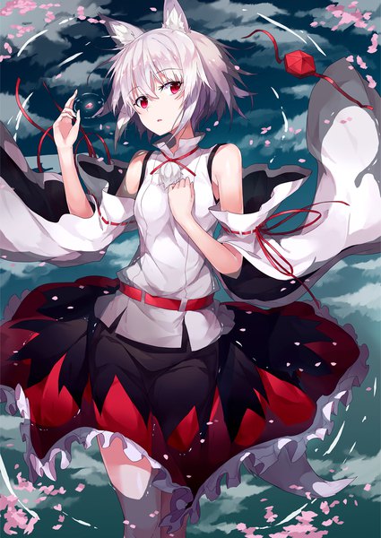 Anime-Bild 1157x1635 mit touhou inubashiri momiji hide448 single tall image looking at viewer fringe short hair hair between eyes red eyes bare shoulders animal ears silver hair cloud (clouds) tail lying animal tail from above wide sleeves :o