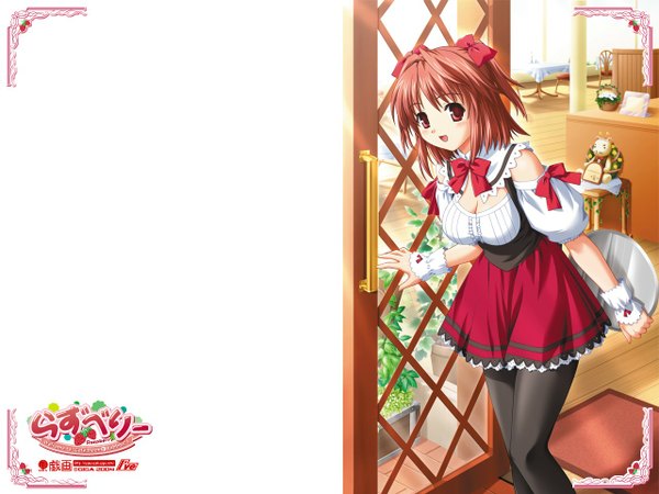 Anime picture 1280x960 with raspberry makino konoha nekonyan single looking at viewer blush short hair open mouth red eyes brown hair white background cleavage two side up wallpaper copyright name waitress girl bow hair bow pantyhose