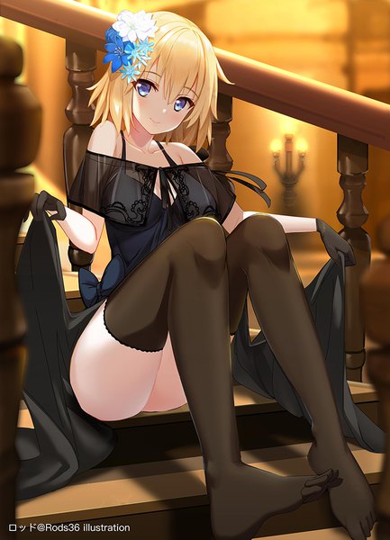 Anime picture 740x1024 with fate (series) fate/grand order fate/apocrypha jeanne d'arc (fate) (all) jeanne d'arc (formal dress) (fate) rods single tall image looking at viewer blush fringe short hair breasts blue eyes light erotic blonde hair smile hair between eyes sitting bare shoulders