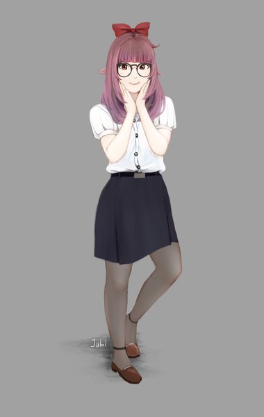 Anime-Bild 1299x2048 mit original yuri (jubi) jubi (regiana) single long hair tall image looking at viewer fringe smile standing brown eyes signed purple hair full body blunt bangs standing on one leg hand on cheek girl skirt bow