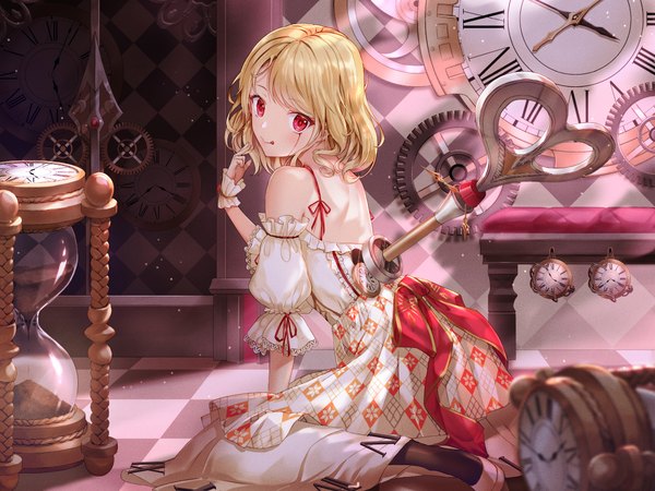 Anime picture 1112x834 with original lunacle single looking at viewer blush fringe short hair blonde hair red eyes sitting bare shoulders full body indoors head tilt looking back arm up from behind arm support short sleeves depth of field