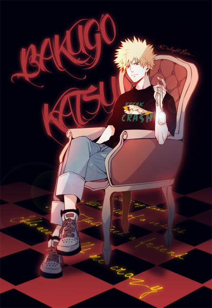 Anime picture 700x1016 with boku no hero academia studio bones bakugou katsuki delight hsia single tall image looking at viewer fringe short hair blonde hair simple background red eyes sitting holding full body inscription character names crossed legs text black background