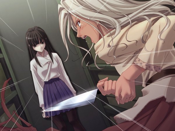 Anime picture 1280x960 with remember11 kali utsumi hotori suzukage long hair blush open mouth black hair multiple girls brown eyes white hair black eyes girl dress skirt 2 girls pantyhose knife