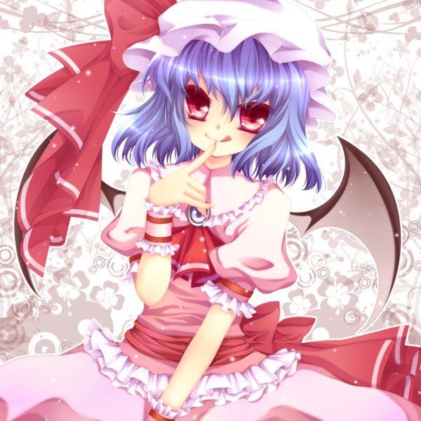 Anime picture 2500x2500 with touhou remilia scarlet mikazuki sara single highres short hair smile red eyes purple hair bat wings girl tongue bonnet