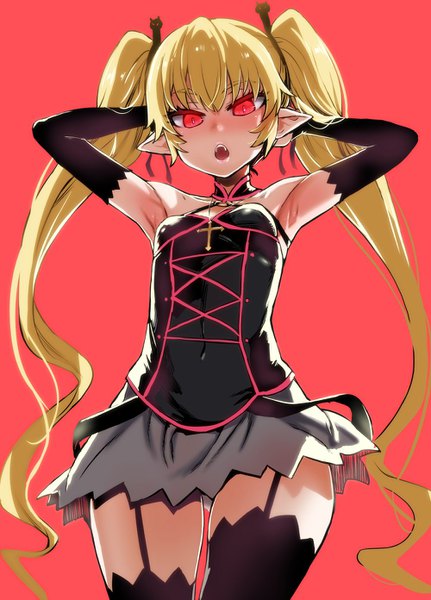 Anime picture 1000x1391 with renkin san-kyuu magical pokaan pachira asanagi single tall image fringe breasts open mouth simple background blonde hair red eyes twintails bare shoulders payot very long hair pointy ears armpit (armpits) fang (fangs) covered navel glowing