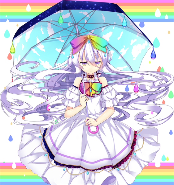 Anime-Bild 750x800 mit original nyori single long hair tall image looking at viewer bare shoulders white hair multicolored eyes sky print girl dress bow hair bow umbrella