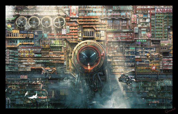 Anime picture 3000x1928 with original ataboh highres sunlight letterboxed no people scenic steam detailed animal window bird (birds) building (buildings) tunnel