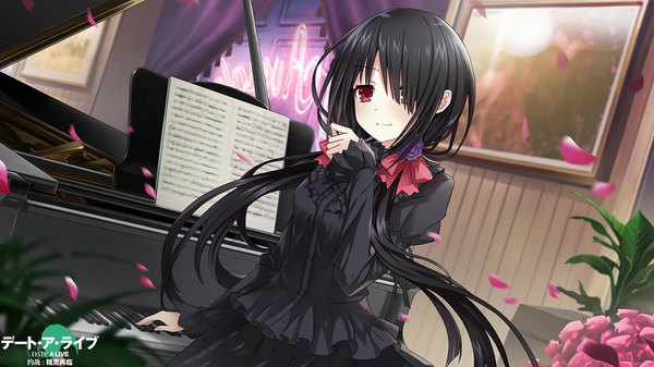 Anime picture 1920x1080 with date a live tokisaki kurumi tsunako single long hair looking at viewer blush fringe highres breasts black hair smile hair between eyes red eyes wide image standing twintails brown eyes signed indoors