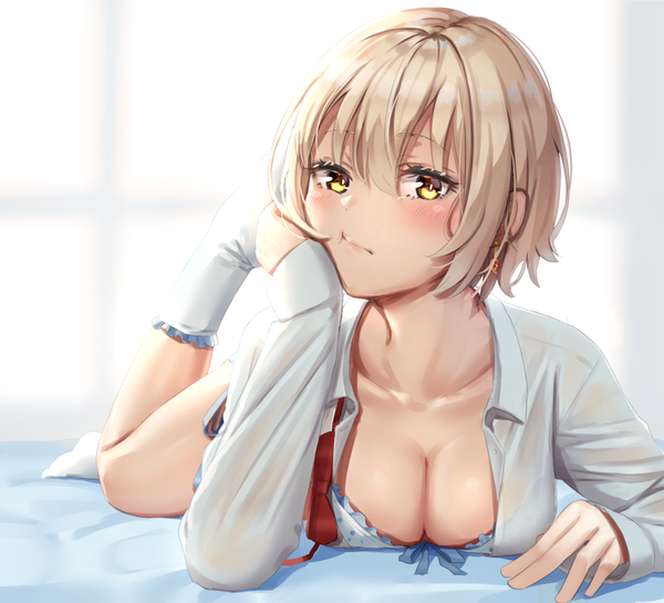 Anime picture 1220x1109 with original reinama single looking at viewer blush fringe short hair breasts light erotic blonde hair hair between eyes yellow eyes cleavage lying open shirt sleeves past wrists on stomach chin rest leg up :t