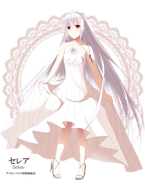 Anime picture 1900x2400 with pixiv library selea akabane rin single long hair tall image blush highres simple background red eyes white background bare shoulders white hair girl dress sandals key