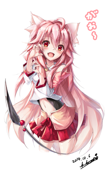 Anime picture 1728x2800 with original riburanomind single long hair tall image blush fringe highres open mouth simple background red eyes white background bare shoulders animal ears pink hair tail pleated skirt inscription teeth bare belly