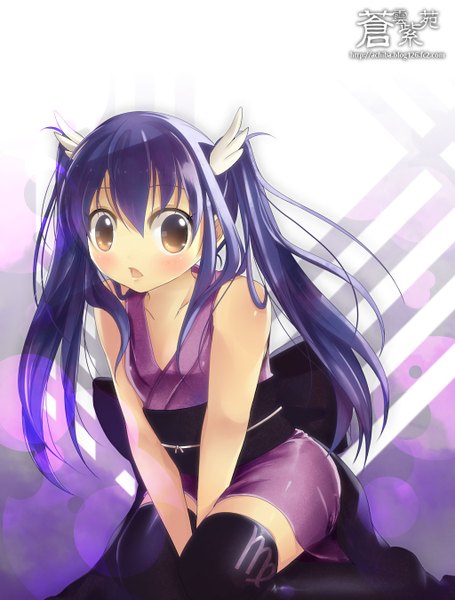 Anime picture 1024x1350 with fairy tail wendy marvell achiba (artist) single long hair tall image blush open mouth simple background brown eyes purple hair braid (braids) twin braids hieroglyph striped girl thighhighs dress black thighhighs sign