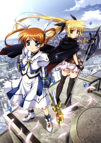 Anime picture 3000x4258 with mahou shoujo lyrical nanoha fate testarossa takamachi nanoha okuda yasuhiro long hair tall image highres blue eyes blonde hair red eyes twintails multiple girls sky cloud (clouds) scan orange hair official art city cityscape girl