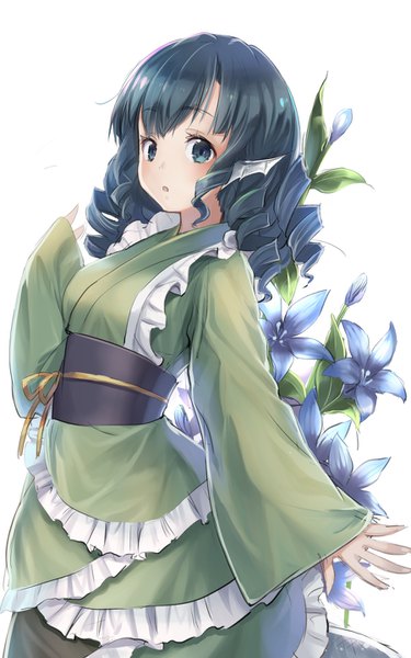 Anime picture 900x1440 with touhou wakasagihime usotsuki penta single long hair tall image looking at viewer blue eyes white background blue hair upper body traditional clothes japanese clothes drill hair floral background girl flower (flowers) frills kimono obi