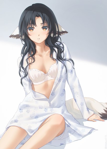 Anime picture 1262x1766 with utawareru mono eruruw miura-n315 single long hair tall image looking at viewer blush fringe breasts light erotic black hair sitting brown eyes animal ears tail parted lips animal tail arm support partially open clothes