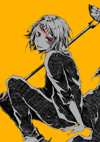 Anime picture 1500x2121 with tokyo ghoul studio pierrot suzuya juuzou nallck single tall image short hair open mouth simple background smile red eyes sitting holding looking away bent knee (knees) nail polish fingernails yellow background boy hair ornament