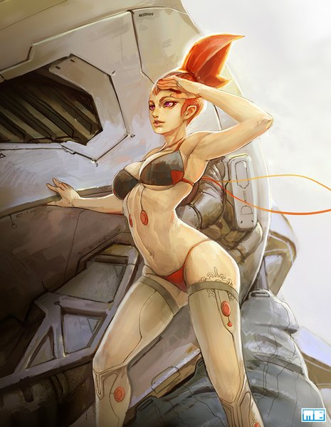 Anime picture 775x1000 with original bluefley tall image light erotic looking away red hair pink eyes armpit (armpits) midriff girl thighhighs navel swimsuit bikini robot mecha