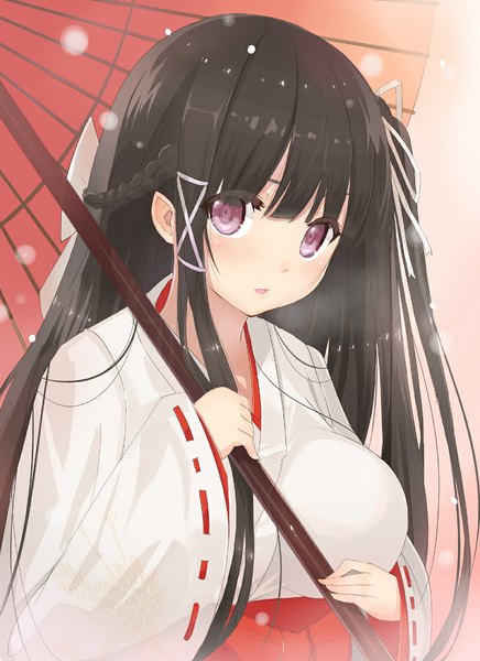Anime picture 800x1100 with original kagerou (shadowmage) single long hair tall image looking at viewer open mouth black hair purple eyes traditional clothes snowing winter miko girl ribbon (ribbons) hair ribbon umbrella oriental umbrella