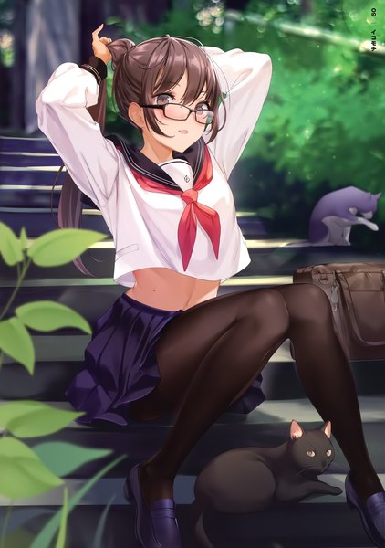 Anime picture 2534x3600 with original ikomochi single long hair tall image looking at viewer blush fringe highres open mouth light erotic hair between eyes brown hair sitting brown eyes payot bent knee (knees) ponytail long sleeves pleated skirt