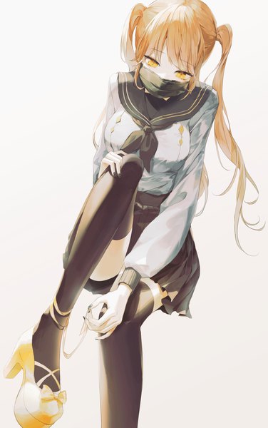 Anime picture 940x1500 with original danah single long hair tall image fringe breasts simple background blonde hair white background sitting twintails yellow eyes bent knee (knees) long sleeves nail polish pleated skirt fingernails high heels looking down
