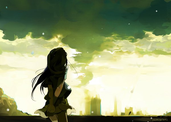 Anime picture 1000x718 with original akimiya single long hair black hair sky cloud (clouds) from behind back hands behind back girl skirt building (buildings)