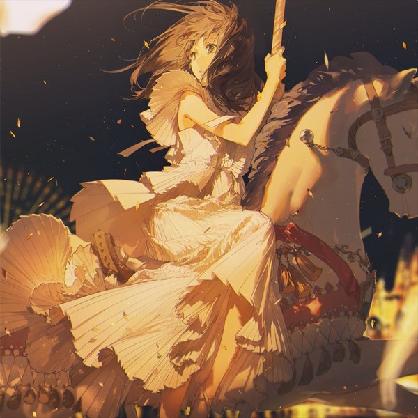 Anime picture 1000x1000 with original rella single long hair fringe brown hair sitting holding brown eyes looking away full body outdoors parted lips wind blurry night tears girl dress animal