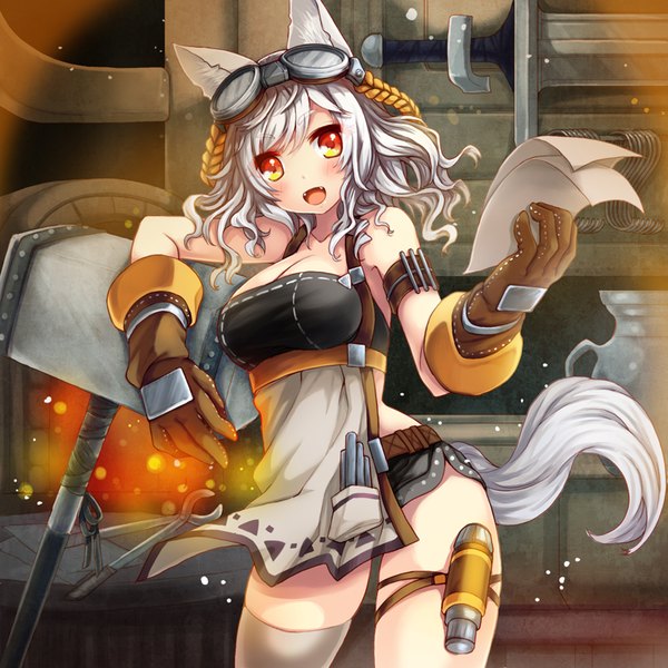 Anime picture 800x800 with original juke single looking at viewer blush fringe short hair breasts open mouth light erotic smile standing bare shoulders holding animal ears payot cleavage white hair tail :d