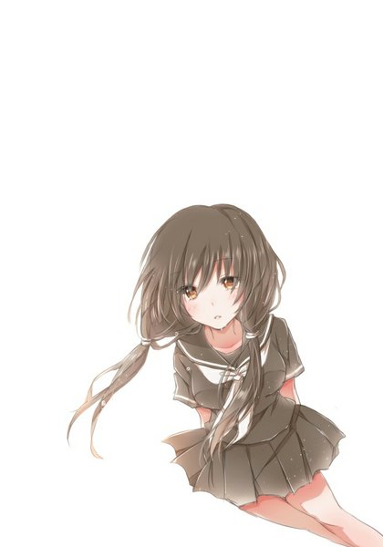 Anime picture 700x1000 with original hiro (hirohiro31) single long hair tall image looking at viewer blush breasts black hair large breasts standing white background twintails brown eyes low twintails hands behind back girl skirt uniform school uniform