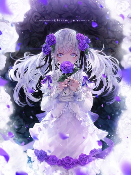 Anime picture 3072x4096 with original crystalherb single long hair tall image looking at viewer blush fringe highres blue eyes light erotic twintails holding payot absurdres white hair long sleeves hair flower text english