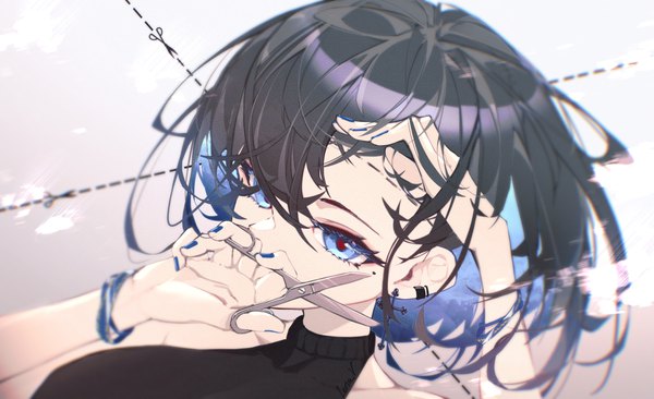 Anime picture 3324x2028 with original leria v single fringe highres short hair blue eyes black hair simple background hair between eyes wide image holding signed looking away absurdres upper body nail polish multicolored hair mole arms up
