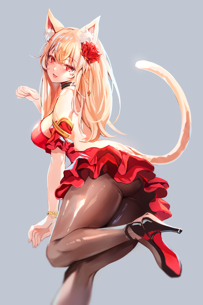Anime picture 2400x3600 with original zerocat single long hair tall image looking at viewer fringe highres breasts open mouth light erotic simple background blonde hair red eyes large breasts standing animal ears payot bent knee (knees) tail