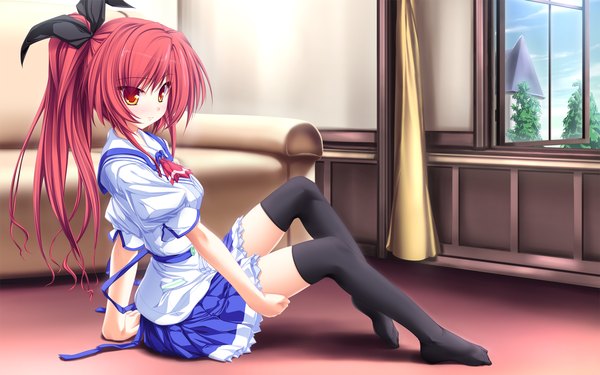 Anime picture 1920x1200 with magus tale whirlpool (studio) seera finis victoria tenmaso single long hair blush highres red eyes wide image sitting game cg ponytail red hair no shoes girl thighhighs uniform ribbon (ribbons) black thighhighs