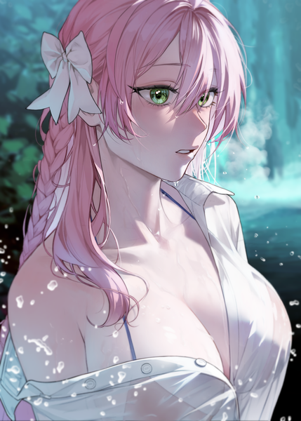 Anime picture 2497x3495 with blue archive hanako (blue archive) hanako (swimsuit) (blue archive) wakari single long hair tall image fringe highres breasts light erotic hair between eyes large breasts green eyes looking away pink hair braid (braids) parted lips off shoulder official alternate costume