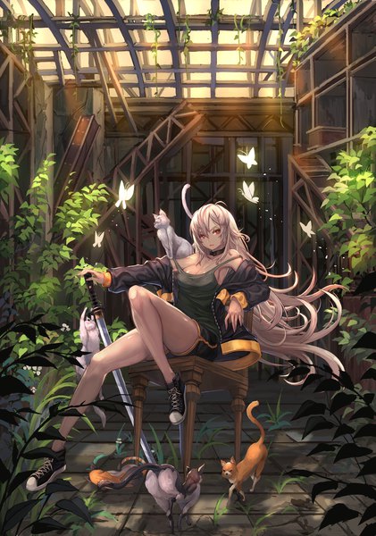 Anime picture 2362x3367 with dungeon and fighter qbspdl single tall image looking at viewer fringe highres breasts light erotic hair between eyes red eyes large breasts sitting bare shoulders holding cleavage full body bent knee (knees) indoors very long hair