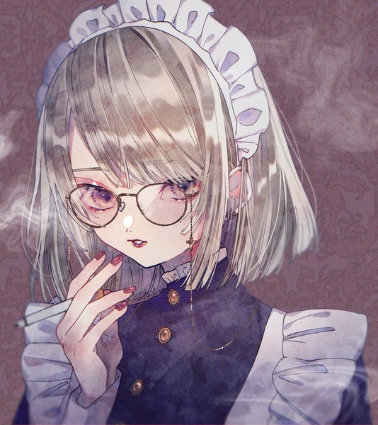 Anime picture 2000x2247 with original shichi (kotoneco0711) single tall image looking at viewer fringe highres short hair blonde hair purple eyes upper body nail polish maid lipstick smoke red lipstick red nail polish girl uniform glasses
