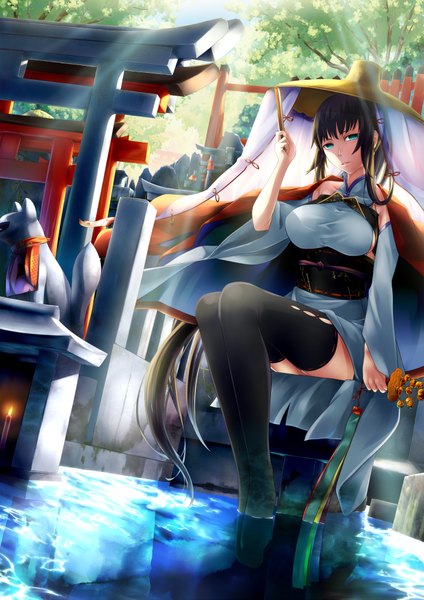 Anime picture 1446x2046 with original dushe single long hair tall image blue eyes black hair sitting traditional clothes japanese clothes girl thighhighs black thighhighs hat detached sleeves water kimono obi bell jingle bell