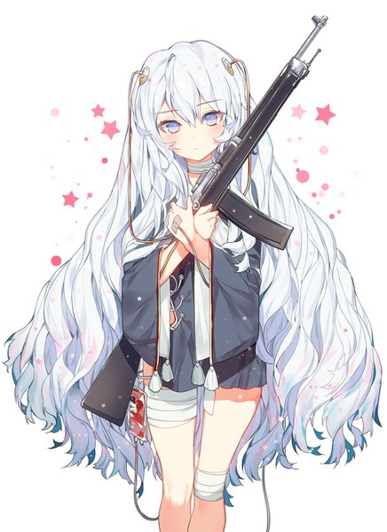 Anime picture 1000x1375 with girls frontline ribeyrolles 1918 (girls frontline) ronopu single tall image looking at viewer fringe blue eyes simple background hair between eyes standing white background holding ahoge wide sleeves sparkle light wavy hair gradient hair crossed arms