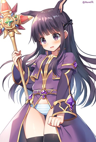Anime picture 600x888 with princess connect! re:dive princess connect! kasumi (princess connect!) mauve single long hair tall image blush fringe light erotic black hair simple background white background purple eyes signed animal ears blunt bangs embarrassed twitter username looking down
