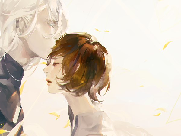Anime picture 1000x750 with original 253421 short hair open mouth blue eyes brown hair white background white hair eyes closed profile kiss forehead kiss girl boy earrings leaf (leaves)
