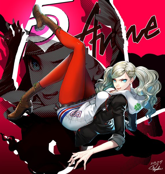 Anime picture 1000x1051 with persona 5 persona takamaki anne tajima yukie single long hair tall image looking at viewer blonde hair twintails signed full body bent knee (knees) pleated skirt aqua eyes arm support open jacket shadow copyright name character names
