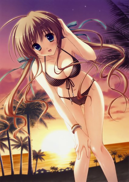 Anime picture 2573x3635 with akane iro ni somaru saka nagase minato ryohka single long hair tall image looking at viewer blush fringe highres breasts open mouth blue eyes light erotic smile twintails cloud (clouds) legs beach evening