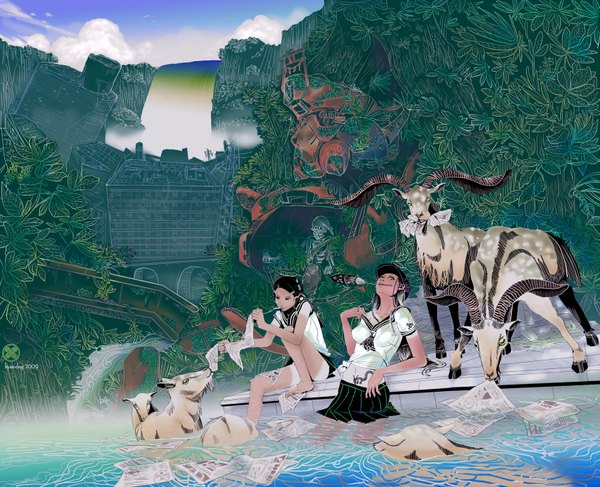 Anime picture 1687x1370 with kyan-dog (artist) long hair short hair black hair sitting multiple girls sky ahoge wet tattoo ruins skeleton waterfall girl uniform hair ornament 2 girls plant (plants) school uniform animal